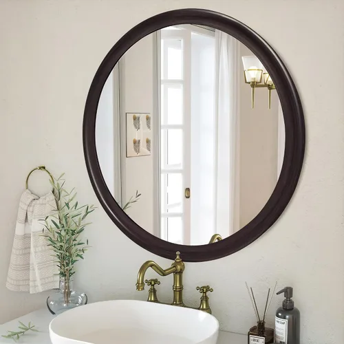 Miniatura 4 de CULER Espejos de pared redondos de 30 pulgadas, espejo decorativo de transición rústico de madera con marco de nogal para pared, espejo de tocador