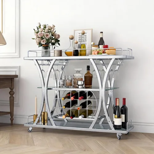 Carritos de barra plateados con soportes de vidrio y estante para vino, carritos de servicio de bar casero de 3 niveles con estantes de vidrio,