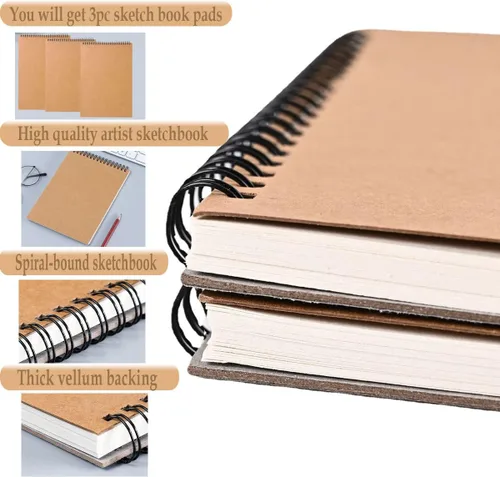 Miniatura 3 de Cuaderno de bocetos, papel de dibujo de 9 x 12 pulgadas, encuadernado en espiral (98 libras/5.64 oz/m²), 90 hojas, paquete de 3, cuaderno de bocetos