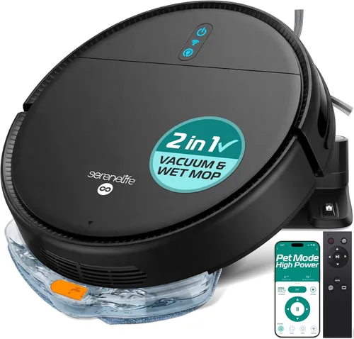 SereneLife - Robot aspirador inteligente y trapeador, control por aplicación, 3 modos de limpieza, sensores anti-caída, carga automática, alta
