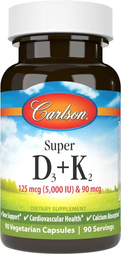 Miniatura 8 de Carlson - Super D3 + K2, 125 mcg (5000 UI) de vitamina D3, 90 mcg de vitamina K2 como MK-7, soporte óseo, absorción de calcio, 45 cápsulas