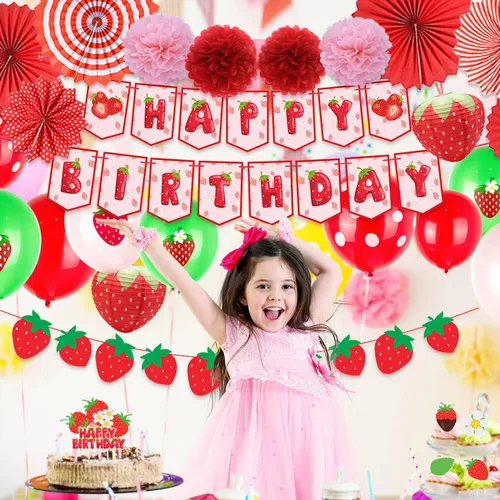 Miniatura 4 de Decoraciones de cumpleaños de tartas de fresa: pancarta, adornos para pasteles, globos, pompones de papel y abanicos para fiesta temática de fresas