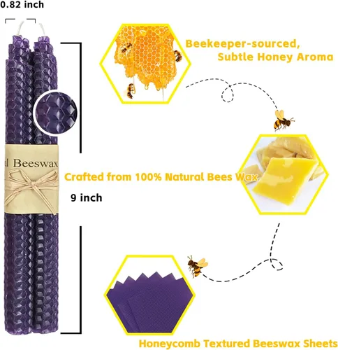 Miniatura 2 de Lacaser - Velas de cera de abejas naturales moradas cónicas, juego a granel de 14 piezas, sin aroma, sin humo y sin goteo, velas largas de 9 Morado