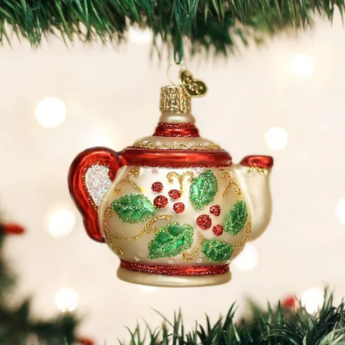 Miniatura 2 de Old World Christmas Adornos: Regalos de café y té Adornos soplados de vidrio para árbol de Navidad, tetera de acebo 3 X 3.25 X 2.25