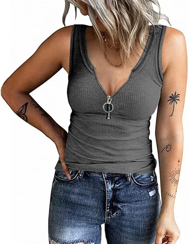 Women's Henley Sleeveless Tank Tops Front Zipper Ribbed V Neck T Shirt Summer Slim Fit Tops Knit Shirts
