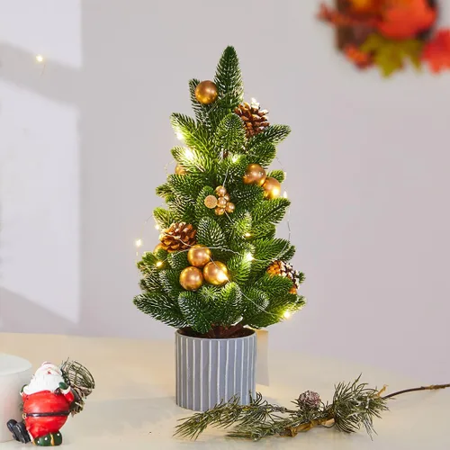 Miniatura 9 de Decoración Navideña Árbol de Navidad pequeño con luces - Mini árbol de Navidad artificial de mesa iluminado con adornos navideños gnomos