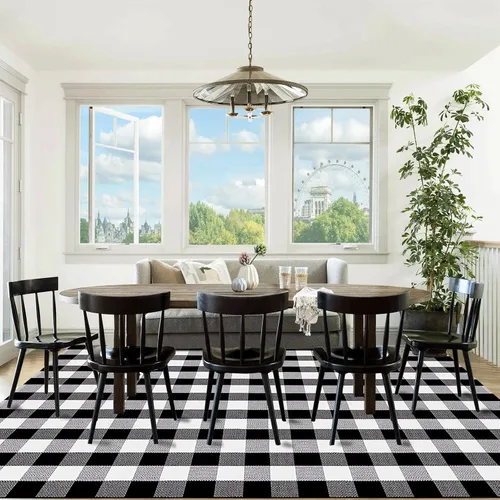 Miniatura 2 de Alfombra a cuadros en blanco y negro de 5.5 x 7.5 pies, alfombra de algodón tejida lavable para interiores y exteriores, comedor, dormitorio, sala