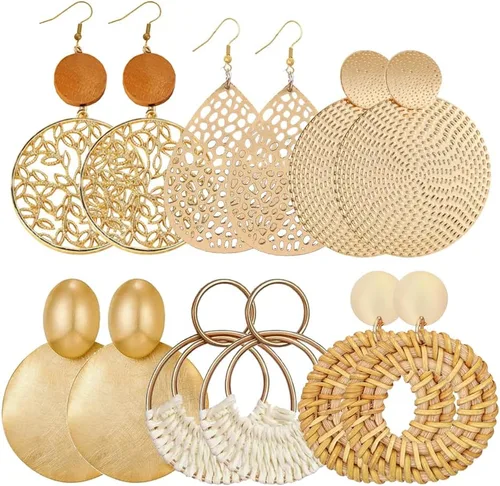 6 pares de aretes geométricos redondos bohemios redondos de madera vintage retro ahuecados circulares de ratán hechos a mano, grandes y ligeros,