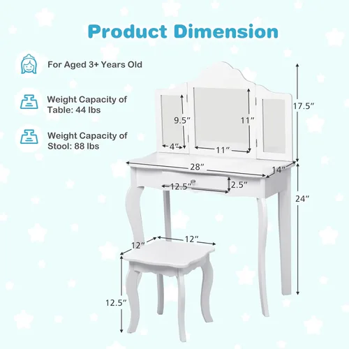 Miniatura 8 de HONEY JOY Juego de tocador para niños con espejo, mesa de tocador de madera 2 en 1 con taburete, espejo plegable y cajón, parte superior extraíble