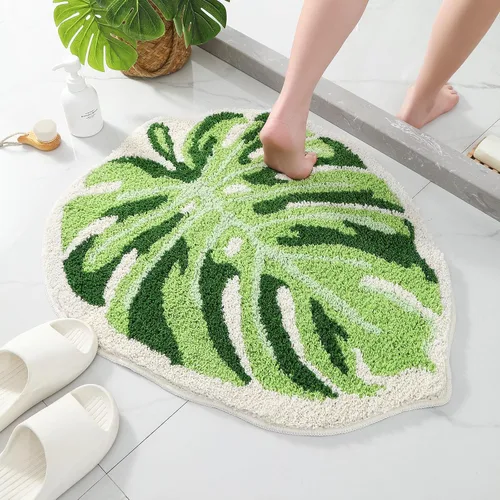 Miniatura 2 de Litabel Juego de Alfombras de Baño de Hoja Verde de 2 Piezas, Lindas Alfombrillas de Baño Antideslizantes en Forma de Monstera de Felpa, Juego
