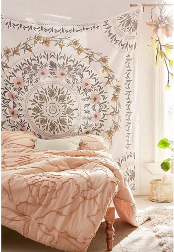 Miniatura 2 de Tapiz bohemio naranja para colgar en la pared, medallón floral de mandala, tapiz hippie con diseño de corona estética marrón claro, manta de Crema