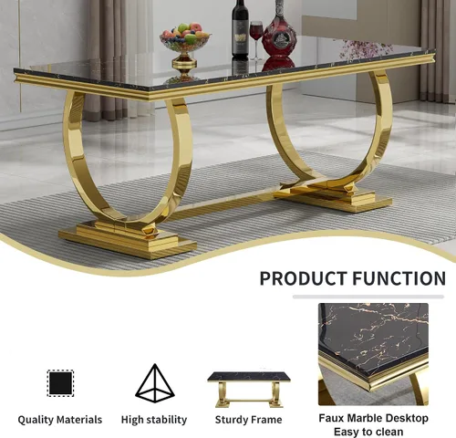 Miniatura 5 de Juego de mesa de comedor de mármol de 5 piezas para 4, mesa de cocina de lujo de 68 pulgadas de mármol negro dorado con 4 sillas tapizadas