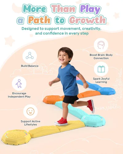 Miniatura 6 de Holyton Tira de Equilibrio con Luces Musicales y Escalones de Paso para Niños de 13 Piezas, Escalones Apilables de Equilibrio de Plástico