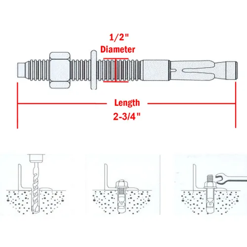 Miniatura 3 de Anclaje de hormigón de 1/2" x 2-3/4", anclaje de cuña de acero inoxidable 304 con excelente rendimiento antioxidante, kit de anclajes y tornillos