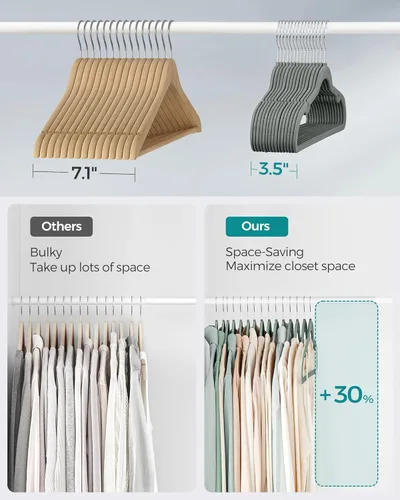 Miniatura 4 de SONGMICS UCRF029G05 - Paquete de 50 ganchos de terciopelo antideslizantes para trajes con muescas para el hombro, barra para pantalones, gancho Gris