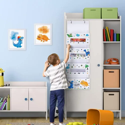 Miniatura 3 de WERNNSAI Organizador colgante de dinosaurio para colgar sobre la puerta, almacenamiento detrás de la puerta con 4 bolsillos transparentes