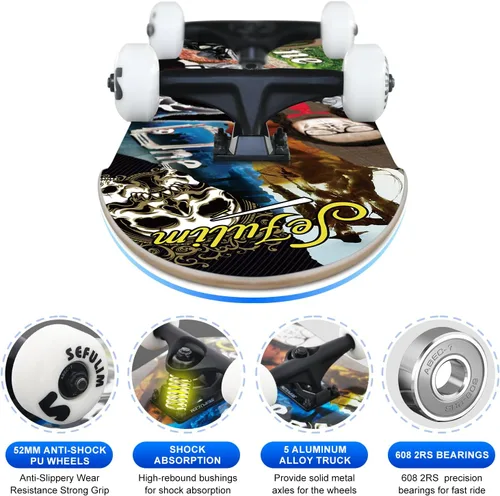 Miniatura 2 de Monopatín completo de 31 x 8 pulgadas, 7 capas, arce canadiense, doble patada, cóncavo, crucero, patineta para niños, niñas, adolescentes, adultos