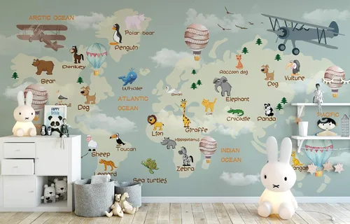 Miniatura 2 de Murwall Nursery Wallpaper For Kids World Map Wall Mural Cartoon Animals and Hot Air Balloon Wall Print Children Rooms Boys Girls Bedroom Play Room