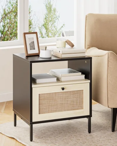 Miniatura 3 de Mesita de noche de ratán, mesa auxiliar grande y moderna de madera estilo bohemio con cajón de almacenamiento y estante abierto, mesa auxiliar Negro