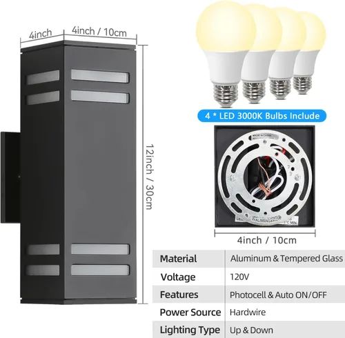 Miniatura 3 de Iluminación Exterior de Anochecer a Amanecer Paquete de 2, Luces de Pared Exteriores Modernas Negras Accesorios de Iluminación Exterior Montaje
