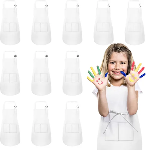 Miniatura 11 de Juego de 12 delantales para niños a granel con 2 bolsillos, delantal de chef de arte ajustable para niños, delantales de pintura para niños