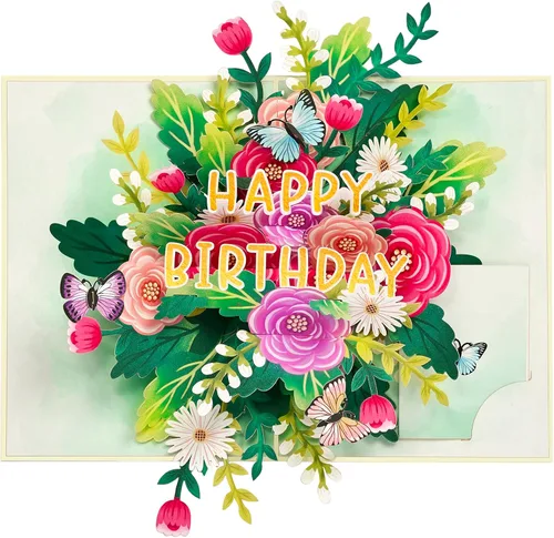 Miniatura 3 de POPWOW Tarjeta desplegable de feliz cumpleaños, flores y mariposas, tarjeta de felicitación 3D floral, regalo para mamá, hermana, mujer, abuela