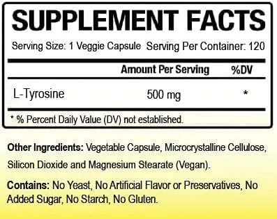 Miniatura 4 de L-tirosina 500 mg 120 cápsulas vegetales fabricadas en Estados Unidos sin OMG, tirosina libre de gelatina