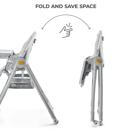 Miniatura 7 de Kinderkraft LASTREE Silla Alta Plegable para Bebés y Niños Pequeños con Función Reclinable, Barra de Juegos, Bandeja Ajustable y Reposapiés en Gris