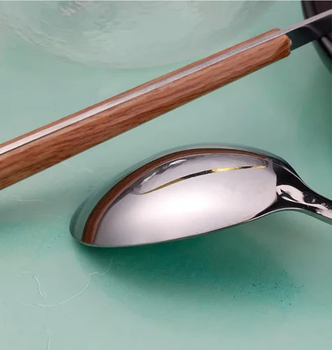 Miniatura 7 de Juego de cubiertos de madera de 32 piezas para 6 personas con mango de madera de imitación de madera de acero inoxidable para boda, hogar, cocina