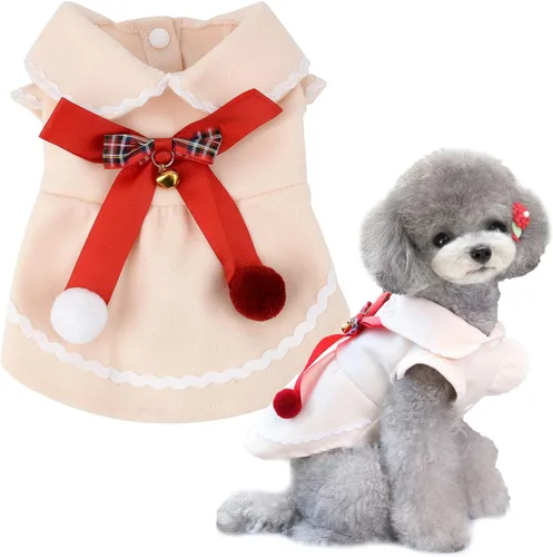 Zunea Vestidos de invierno para perros pequeños, niña, vestido de princesa para cachorro de Navidad con lindo nudo de lazo y campana, suave y Beige