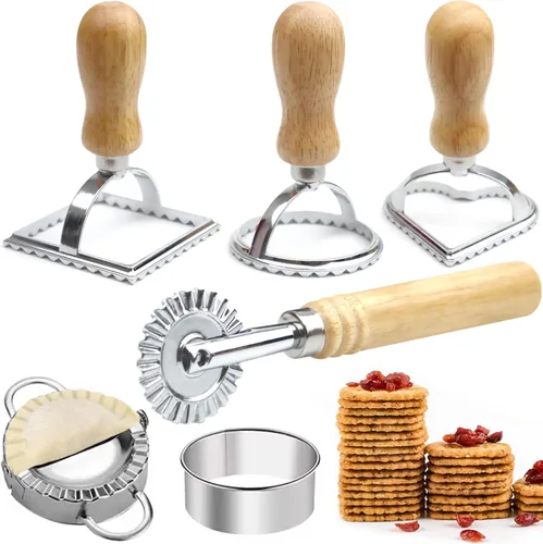 Cortador de pasta de ravioles con rueda de rodillo (juego de 6), juego de cortador de ravioles con mango de madera, herramientas para hacer bolas de