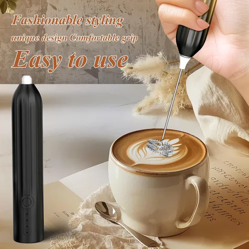 Miniatura 5 de Espumador de leche potente recargable de mano con 2 cabezales inoxidables, 3 velocidades, mezclador de bebidas, batidor eléctrico para café, lattes