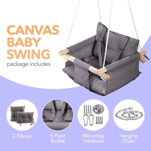 Miniatura 3 de CaTeam Asiento de columpio de lona para bebé con cinturón de seguridad de 5 puntos, columpio colgante de madera para niños pequeños, interior y Gris