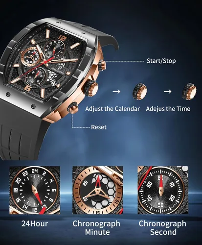 Miniatura 6 de Paras Crown Watches for Men Luxury Fashion Analog 50M Waterproof Sports Watch with Tonneau Dial Luminous Quartz Business Wrist Watch