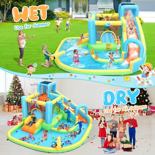 Miniatura 2 de Whubefy Tobogán acuático inflable de casa de rebote, parque acuático de 14.1 x 11.8 x 6.8 pies para niños, casa de salto todo en 1 con toboganes