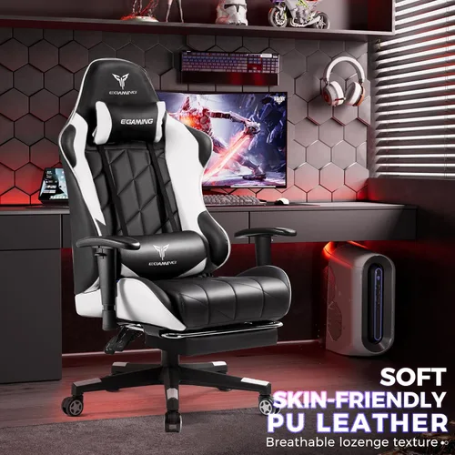 Miniatura 2 de EXRACING Silla ergonómica para videojuegos, silla de computadora con reposapiés y soporte lumbar, silla de oficina de cuero con respaldo alto Blanco