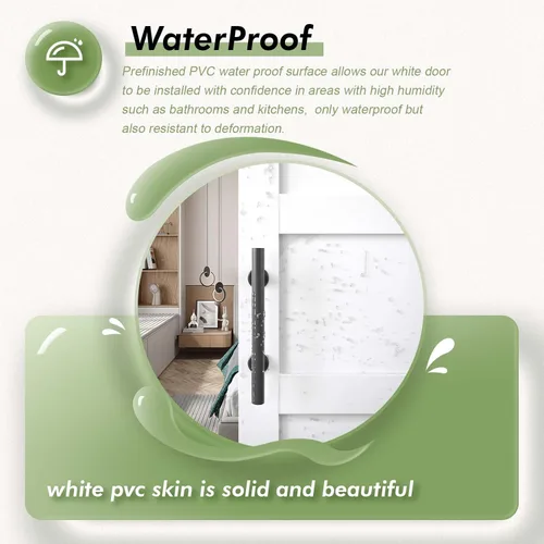 Miniatura 5 de Fredbeck puerta de granero blanca de 24x84 pulgadas con kit de herrajes para puerta corredera de 4 pies incluido y manija, MDF, superficie de PVC