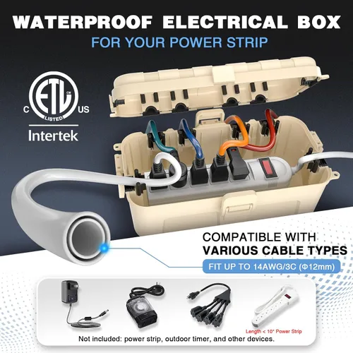 Miniatura 2 de Flemoon Caja eléctrica mediana para exteriores (11.5 x 5.2 x 4 pulgadas), cubierta de cable de extensión impermeable IP54 con 6 puertos de entrada