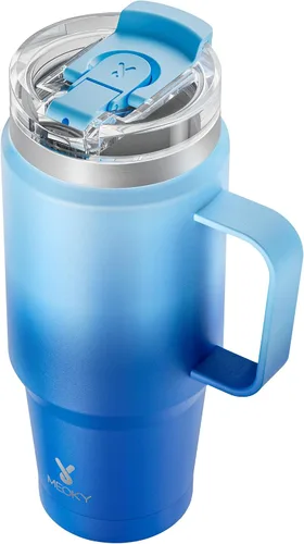Miniatura 9 de Meoky - Vaso de 32 onzas con asa, taza de viaje de acero inoxidable con pajilla y tapa 2 en 1, taza de café con aislamiento al vacío, 100% a prueba