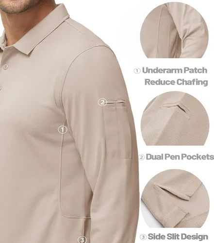 Miniatura 4 de MAGCOMSEN Camisas polo para hombre, 3 botones, secado rápido, manga larga, tácticas, camisa de golf