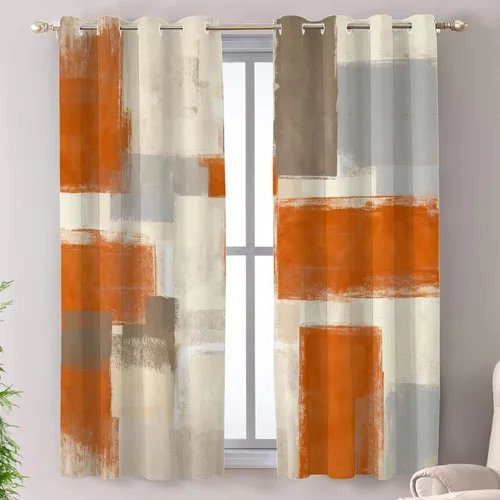 Miniatura 28 de Shrahala Beige and Orange Abstract Art Brushstrokes Blackout Curtain Tiers, Abstract Oil Paint Kitchen Valance Light Blocking Tier Drapes with Rod