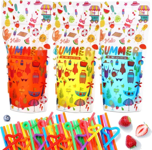 Miniatura 8 de Sieral - 200 bolsas transparentes para bebidas con pajitas para adultos, 16 oz, con cierre resellable, cremallera, de pie, bolsas de jugo