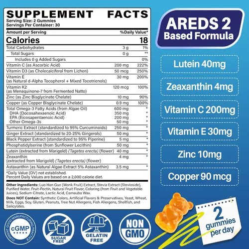 Miniatura 2 de Suplemento de luteína y zeaxantina, gomitas para la salud ocular, fórmula basada en AREDS2, Omega-3, zinc, enfoque cerebral y aprendizaje, apoyo
