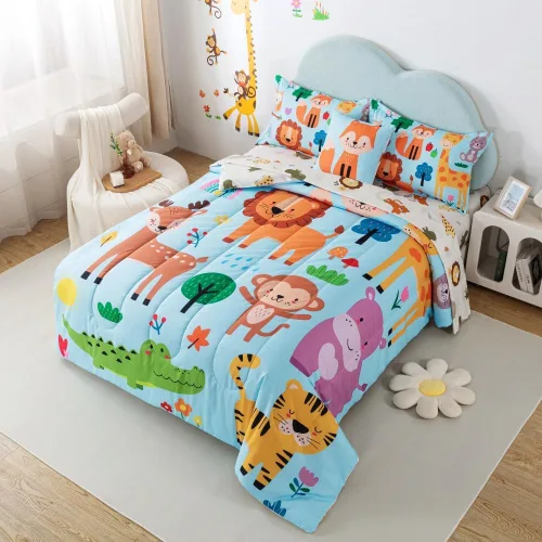 Miniatura 2 de lishjekee Juego de edredón de 6 piezas con diseño de animales de la selva para niños, juego de ropa de cama en una bolsa para niños y niñas