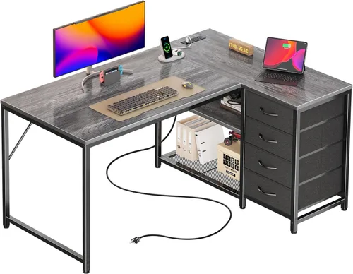 Miniatura 11 de PRAISUN Escritorio en forma de L de 53" con tomas de corriente y puerto USB-C, escritorio reversible de esquina para computadora de oficina con 4