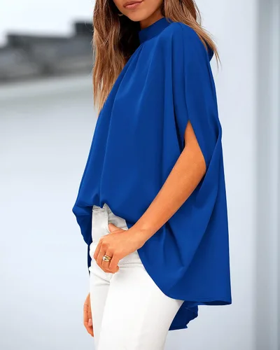 Miniatura 16 de BTFBM Blusas de verano para mujer, cuello alto falso, manga murciélago, holgadas, dobladillo alto y bajo, blusas informales de gran