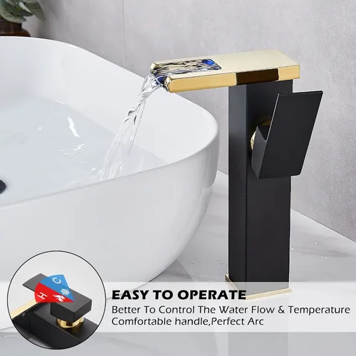 Miniatura 3 de Grifo para Lavabo Tipo Recipiente Cascada Dorado Negro de Un Solo Orificio con Desagüe Pop-Up Sin Rebosadero y Líneas de Suministro Grifos de Baño