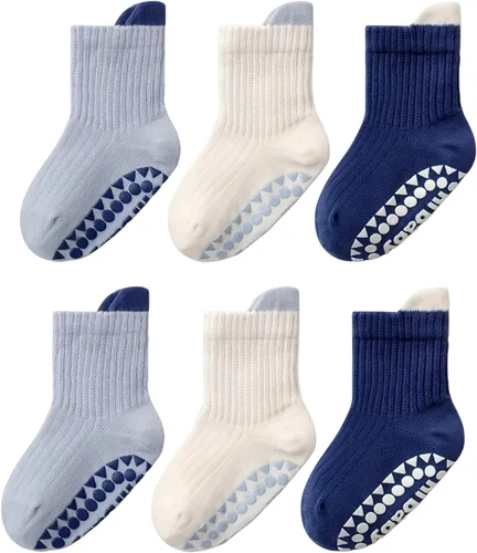 XuoAz 6 pares de calcetines antideslizantes de algodón con agarre para niños y niñas pequeños
