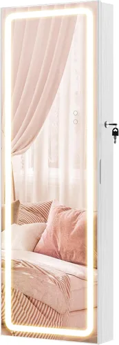 Miniatura 32 de SONGMICS Gabinete colgante de joyería, gabinete de pared con luces interiores LED, organizador de joyas montado en la puerta, espejo de cuerpo Blanco