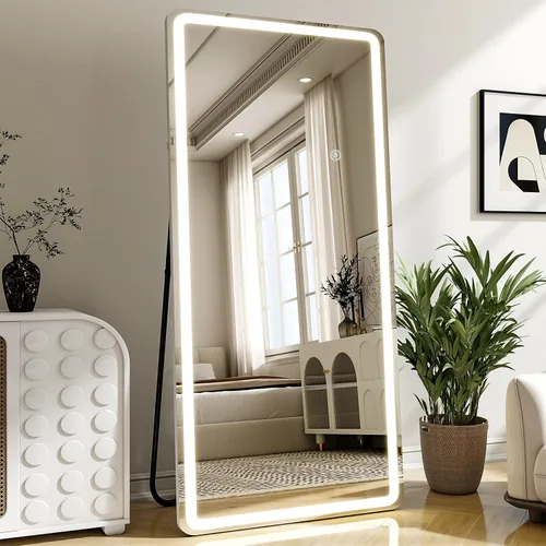 Miniatura 3 de Espejo LED de longitud completa, 30 x 71 pulgadas, espejo de cuerpo completo de vidrio templado con atenuación e iluminación de 3 colores de pie